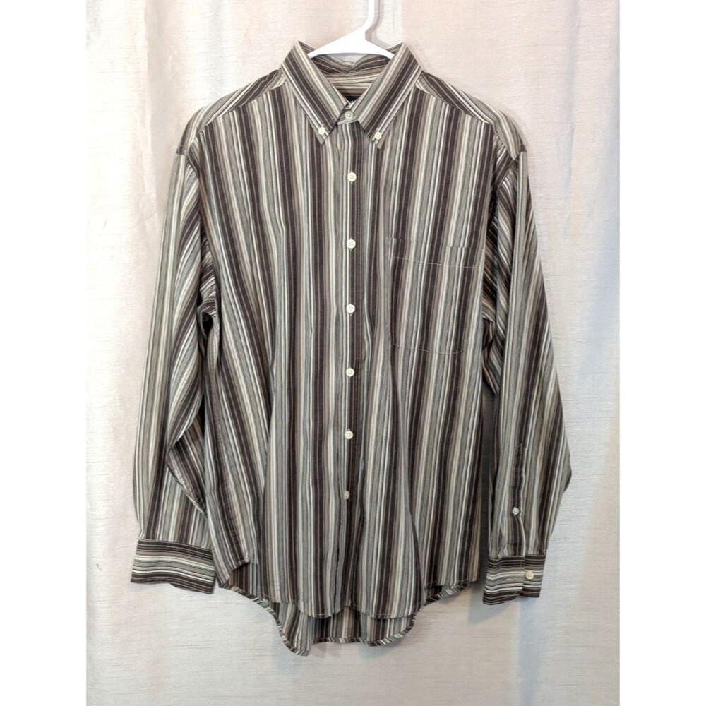 Puritan Men's Medium 38-40 Brown Striped LS Button Down Shirt Wrinkle Resistant